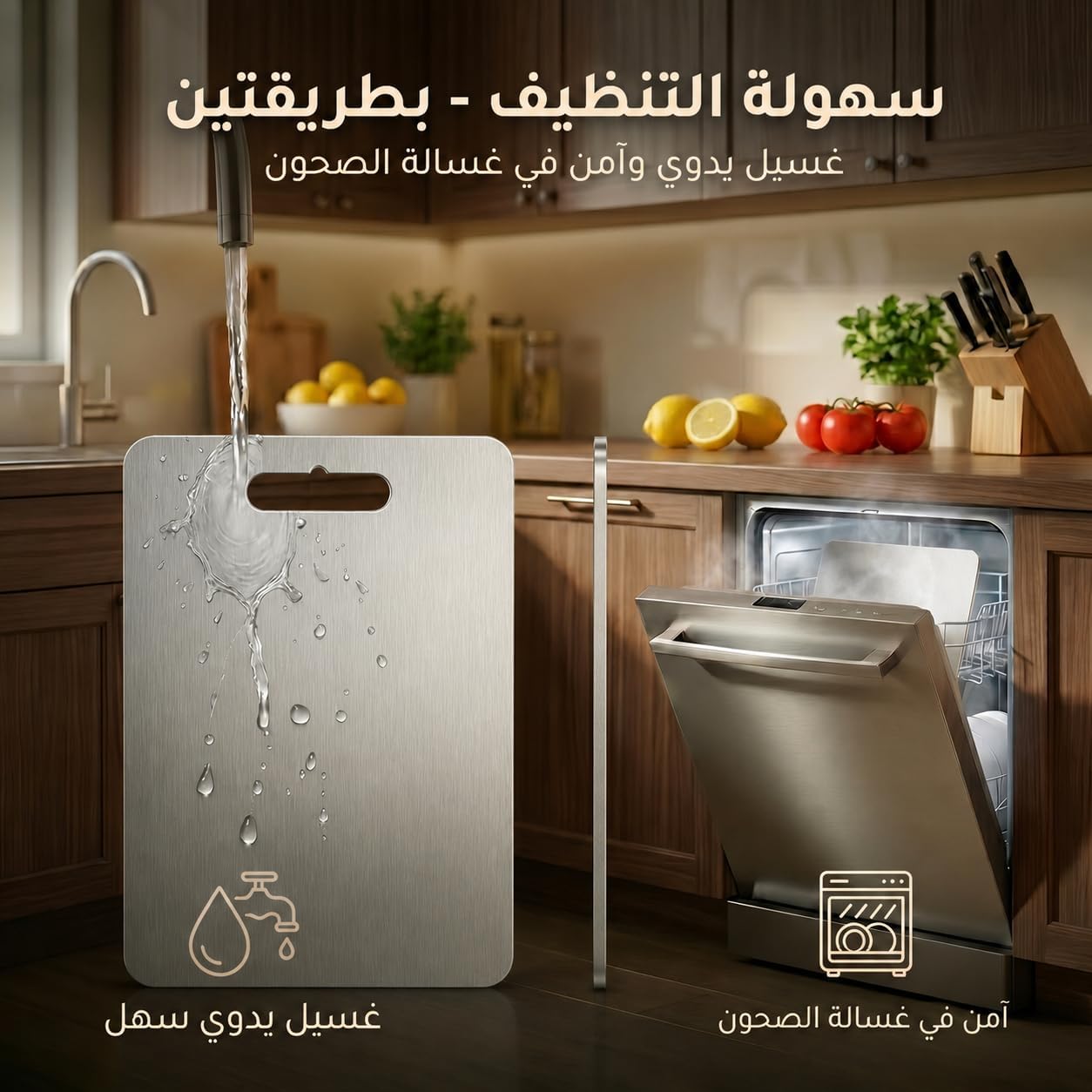 لوح تقطيع ستانلس ستيل صحي ومضاد للبكتيريا - سهل التنظيف، بدون رائحة، مقاوم للماء، مع مقبض، متعدد الاستخدامات للخضروات واللحوم والأسماك