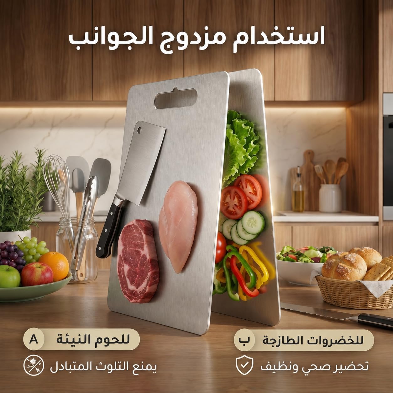 لوح تقطيع ستانلس ستيل صحي ومضاد للبكتيريا - سهل التنظيف، بدون رائحة، مقاوم للماء، مع مقبض، متعدد الاستخدامات للخضروات واللحوم والأسماك