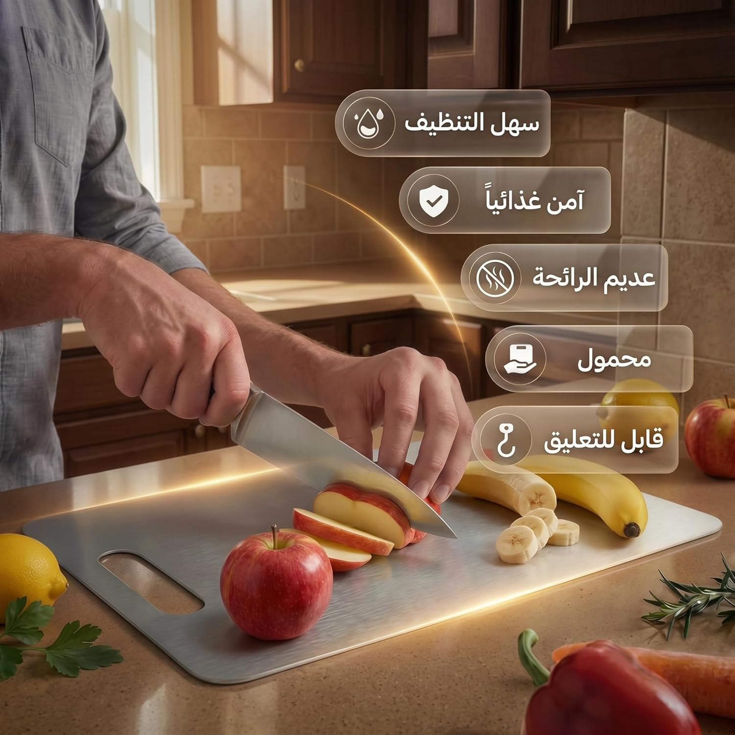 لوح تقطيع ستانلس ستيل صحي ومضاد للبكتيريا - سهل التنظيف، بدون رائحة، مقاوم للماء، مع مقبض، متعدد الاستخدامات للخضروات واللحوم والأسماك