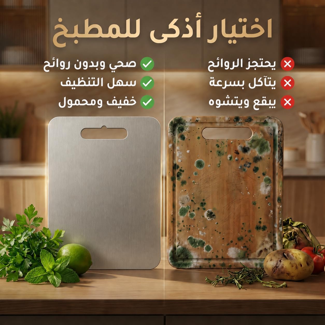 لوح تقطيع ستانلس ستيل صحي ومضاد للبكتيريا - سهل التنظيف، بدون رائحة، مقاوم للماء، مع مقبض، متعدد الاستخدامات للخضروات واللحوم والأسماك